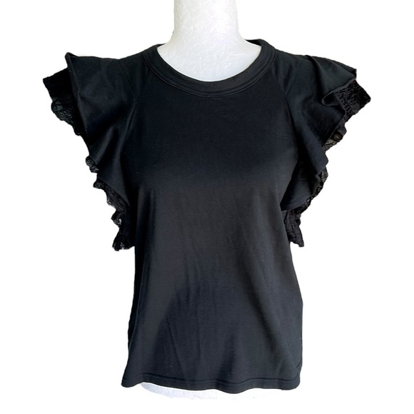 NWT Yohji Yamamoto Regulation Black Ruffle Eyelet Lace Flutter Sleeve Tee - S